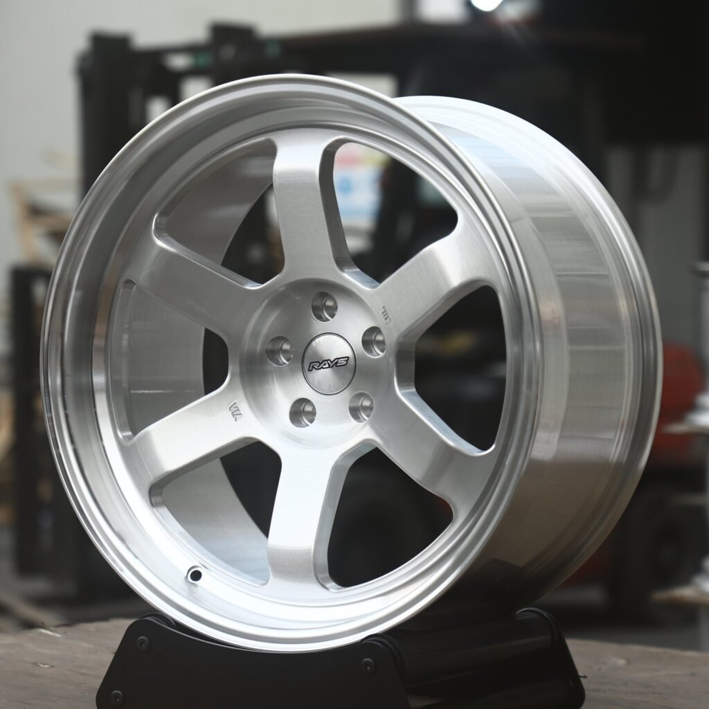 BMW M3 wheels – Brushed Silver 6-Spoke Polished Deep Lip (Rays-Style), angled view