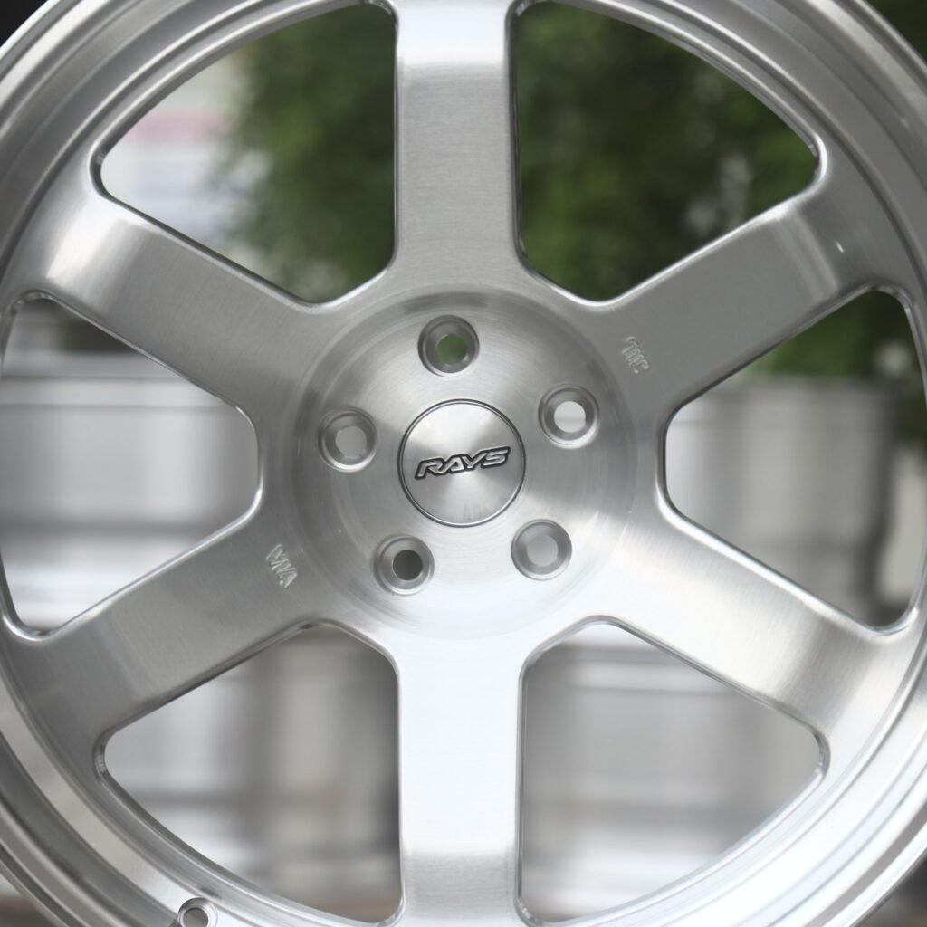 Toyota GR Supra wheels – Brushed Silver 6-Spoke Polished Deep Lip (Rays-Style), lip and barrel detail