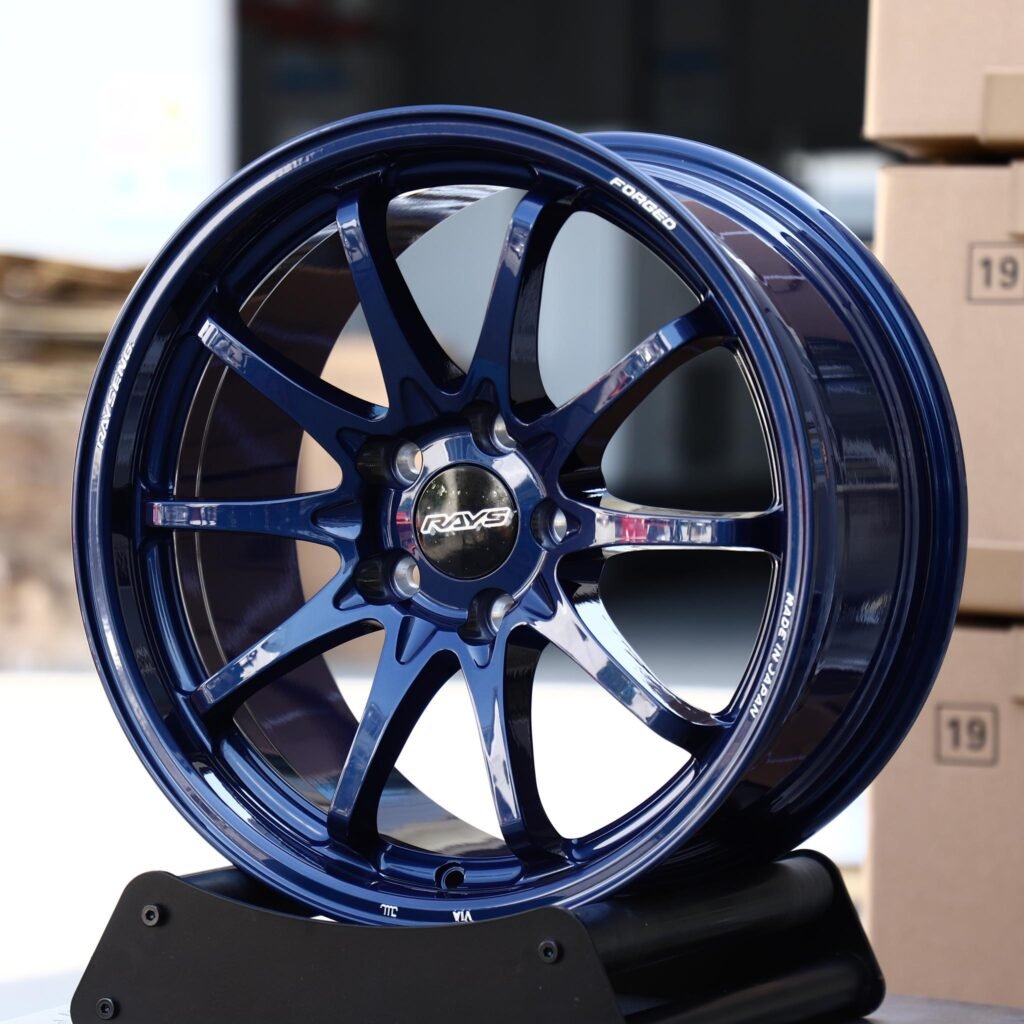 Subaru WRX wheels – Candy Blue 10-Spoke (Rays-Style), angled view
