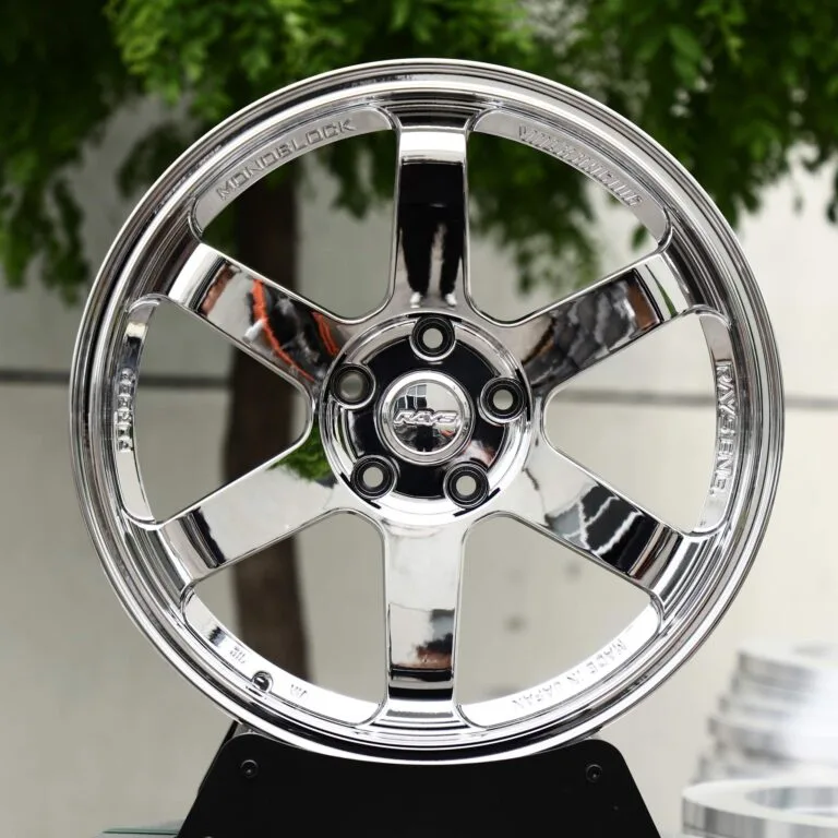 Rays-Style Chrome 6-Spoke Stepped Lip Forged Wheels – Honda Civic Type R / Subaru WRX, front view