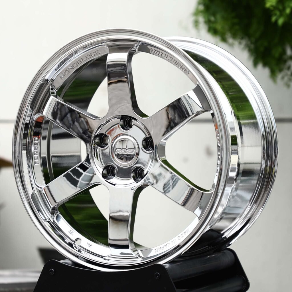 Subaru WRX wheels – Chrome 6-Spoke Stepped Lip (Rays-Style), angled view