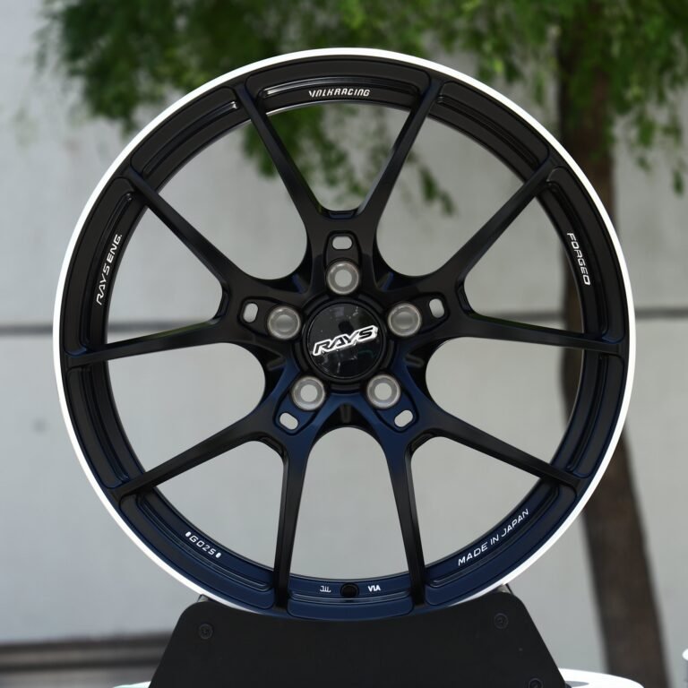 Nissan GT-R wheels – Gloss Black 5 Y-Spoke Pinstripe Lip (Rays-Style), front view