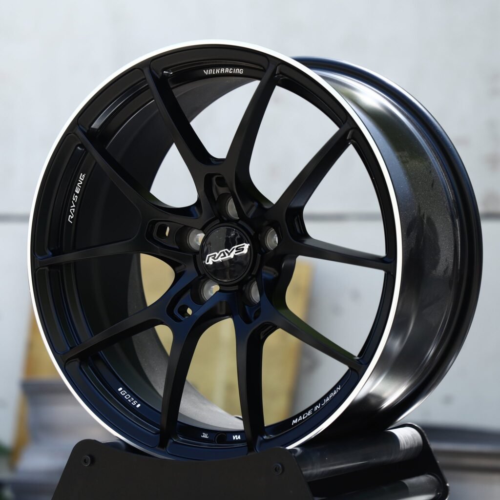 Toyota GR Supra wheels – Gloss Black 5 Y-Spoke Pinstripe Lip (Rays-Style), angled view