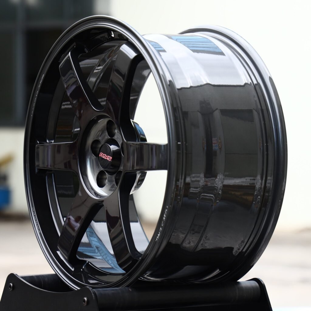 5x114.3 wheels – Gloss Black 6-Spoke (Rays-Style), side view