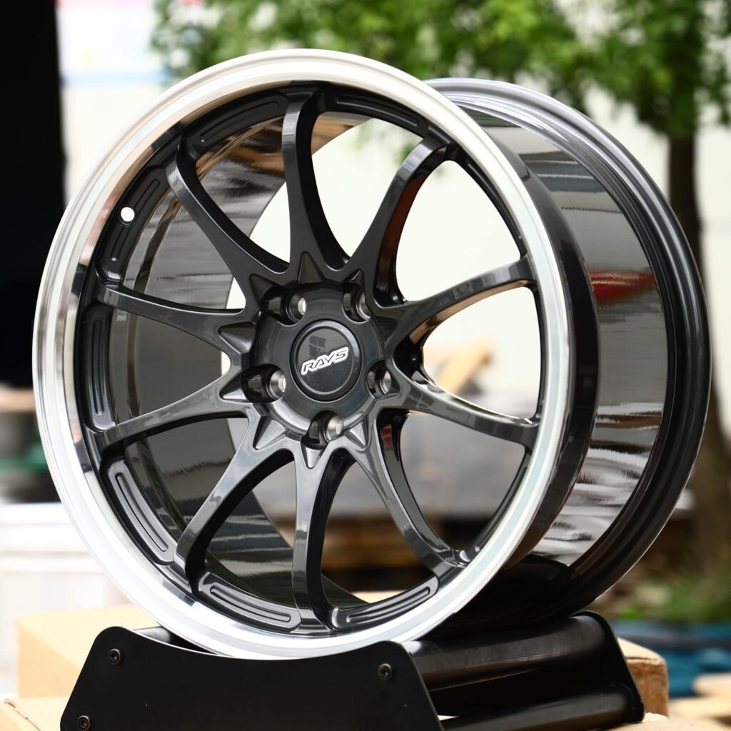 Tesla Model X wheels – Gunmetal 10-Spoke Polished Lip (Rays-Style), angled view