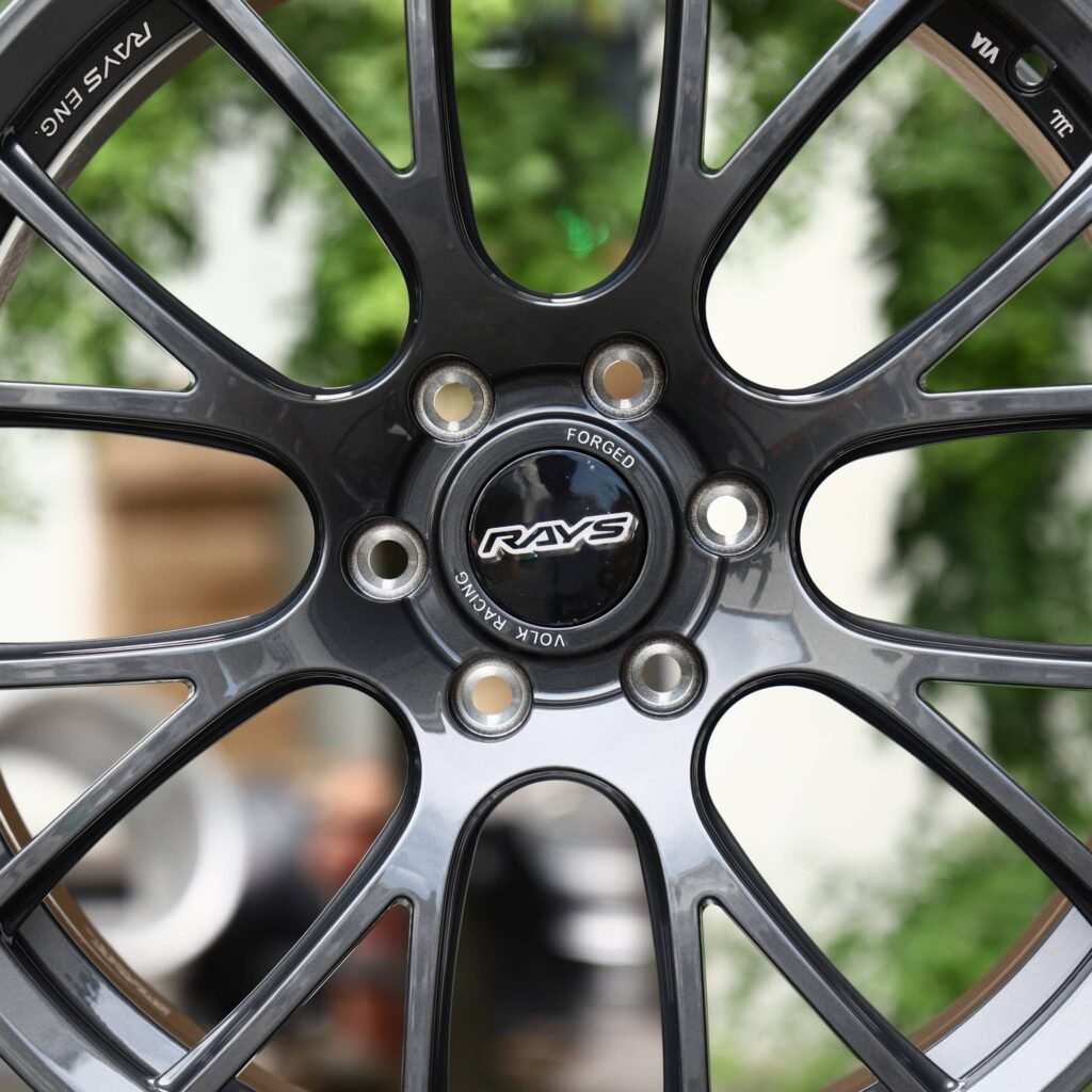 Subaru WRX wheels – Gunmetal Machined 8 Y-Spoke (Rays-Style), lip and barrel detail