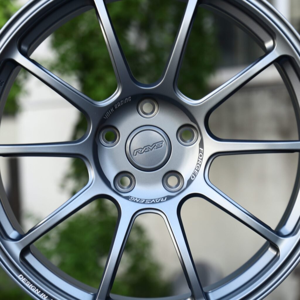 Subaru WRX wheels – Matte Gunmetal 10-Spoke (Rays-Style), lip and barrel detail