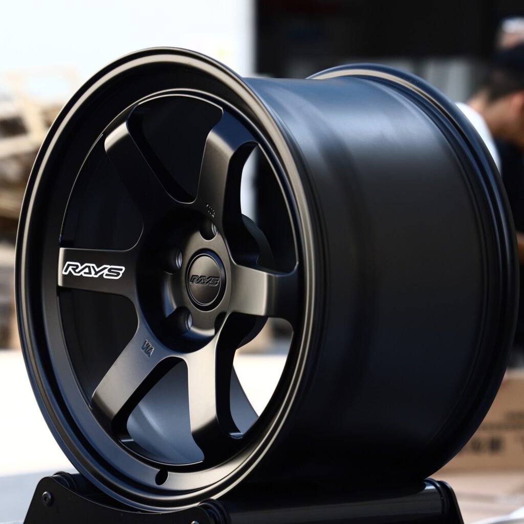 5x114.3 wheels – Satin Black 6-Spoke (Rays-Style), side view