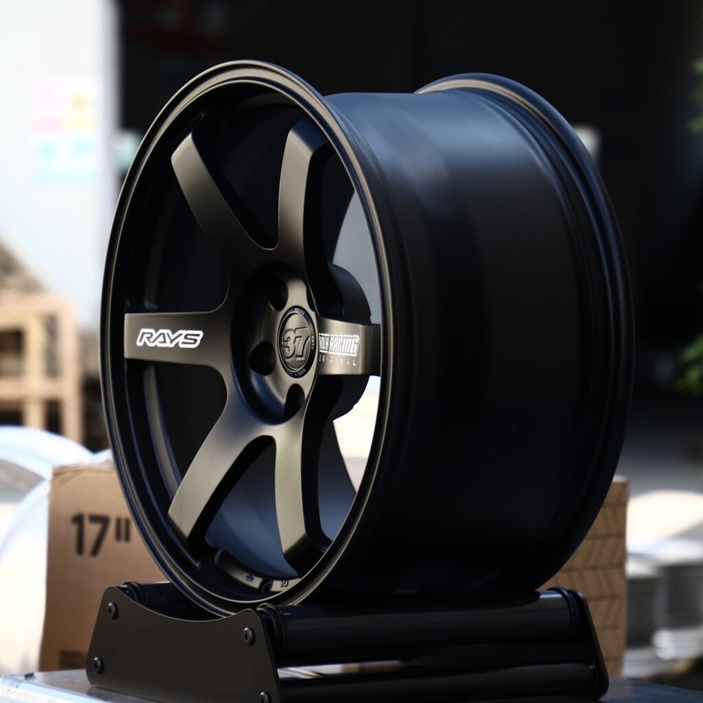 Toyota GR Supra wheels – Satin Black 6-Spoke (Rays-Style), angled view