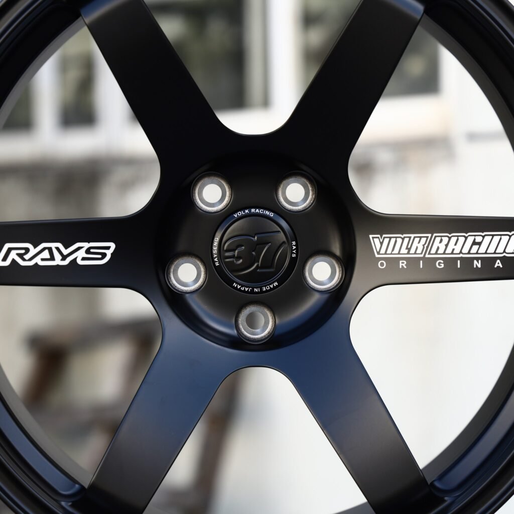 5x114.3 wheels – Satin Black 6-Spoke (Rays-Style), side view