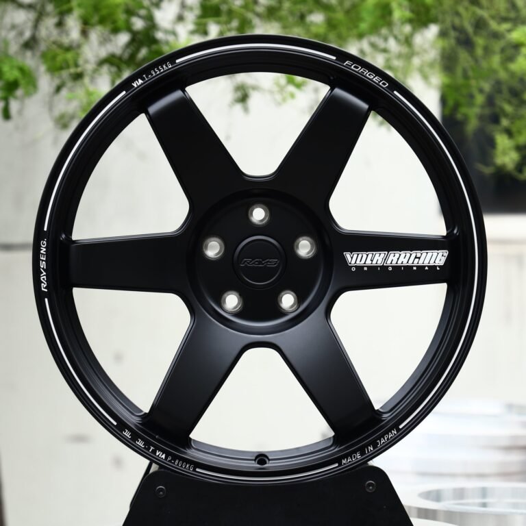 Audi A4 wheels – Satin Black 6-Spoke Lettered Lip (Rays-Style), front view