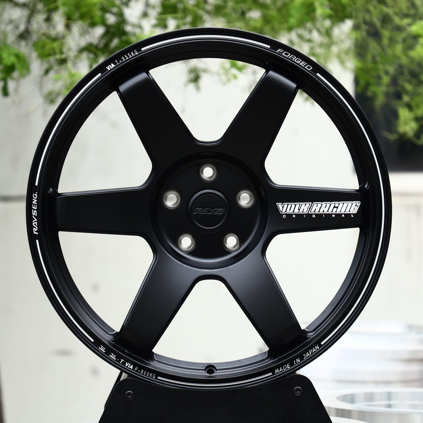 Audi A4 wheels – Satin Black 6-Spoke Lettered Lip (Rays-Style), front view