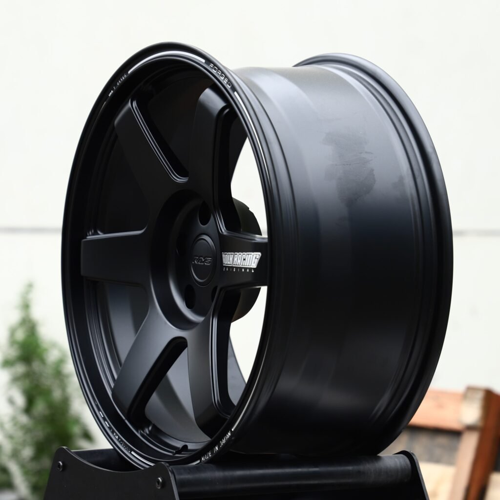 5x112 wheels – Satin Black 6-Spoke Lettered Lip (Rays-Style), side view