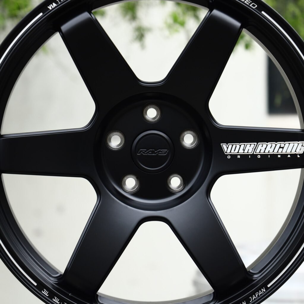 Toyota GR Supra wheels – Satin Black 6-Spoke Lettered Lip (Rays-Style), lip and barrel detail