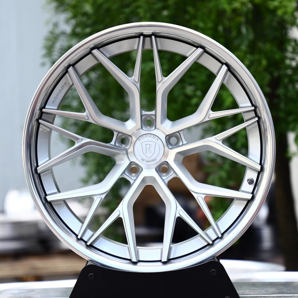 Audi RS3 wheels – 2-Piece Brushed Silver Multi Y-Spoke Polished Lip (Rohana-Style), front view