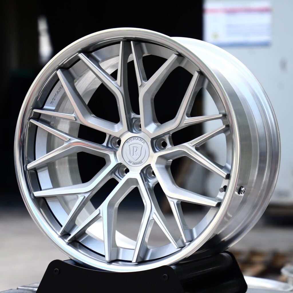 Mercedes CLA wheels – 2-Piece Brushed Silver Multi Y-Spoke Polished Lip (Rohana-Style), angled view