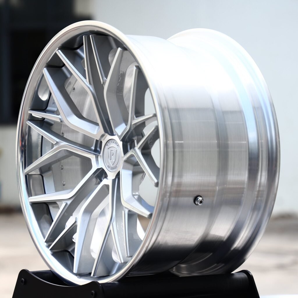 5x112 wheels – 2-Piece Brushed Silver Multi Y-Spoke Polished Lip (Rohana-Style), side view