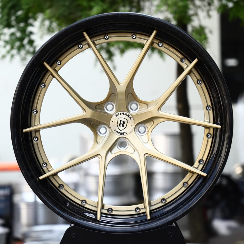 Porsche 911 wheels – Brushed Gold 10 Y-Spoke 2-Piece Gloss Black Lip (Rohana-Style), front view