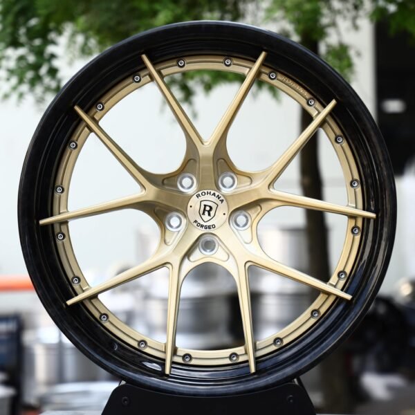 Porsche 911 wheels – Brushed Gold 10 Y-Spoke 2-Piece Gloss Black Lip (Rohana-Style), front view