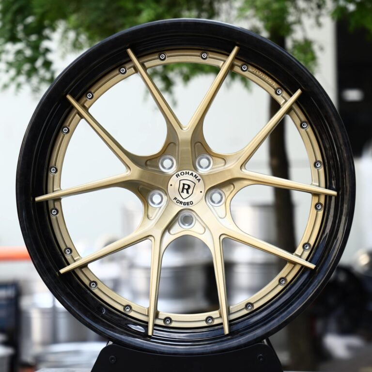Porsche 911 wheels – Brushed Gold 10 Y-Spoke 2-Piece Gloss Black Lip (Rohana-Style), front view