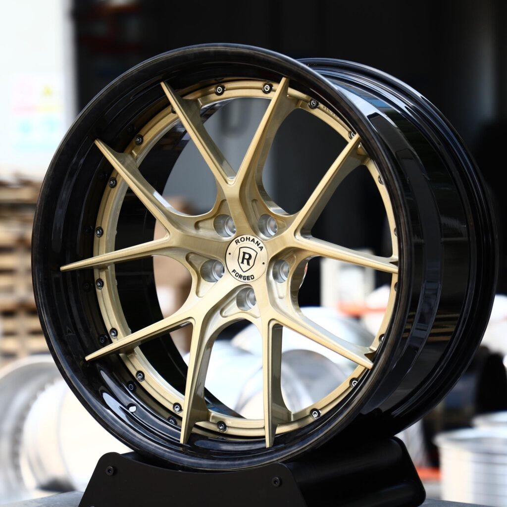 BMW M3 wheels – Brushed Gold 10 Y-Spoke 2-Piece Gloss Black Lip (Rohana-Style), angled view