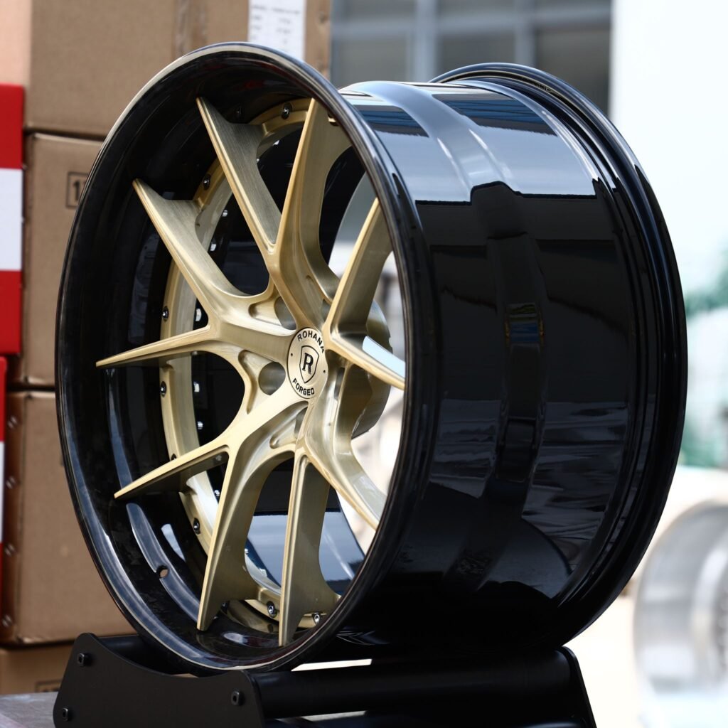 5x130 wheels – Brushed Gold 10 Y-Spoke 2-Piece Gloss Black Lip (Rohana-Style), side view
