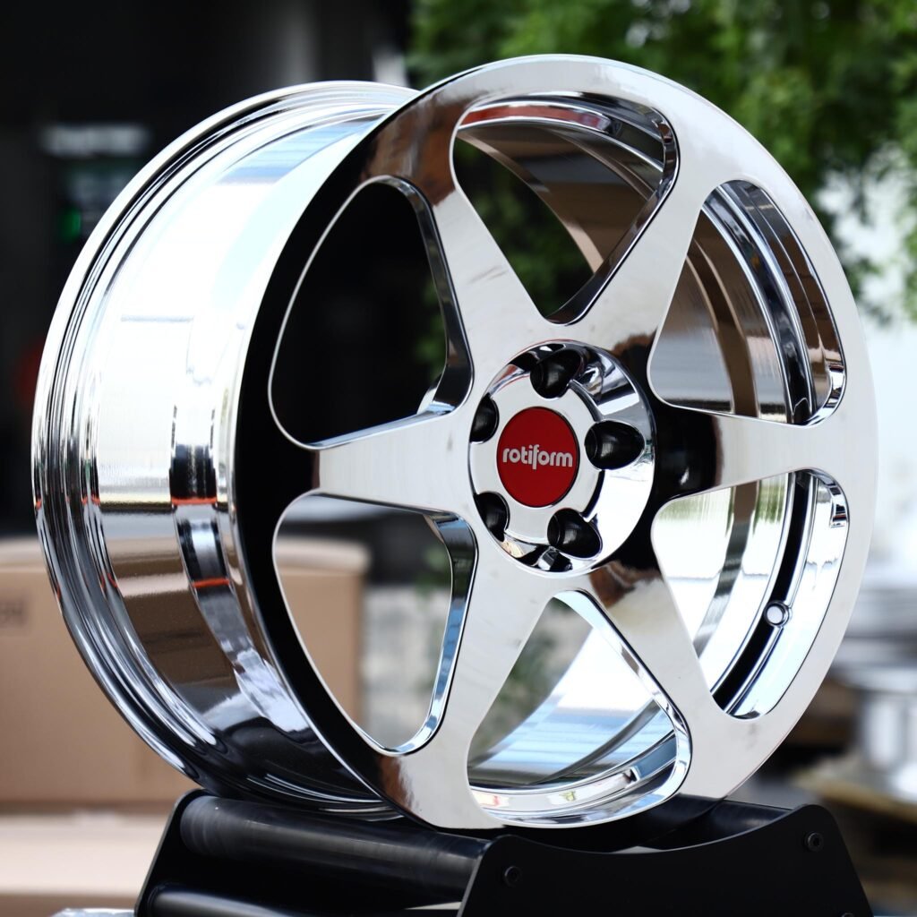 Audi A3 wheels – Chrome 6-Spoke Red Cap (Rotiform-Style), angled view