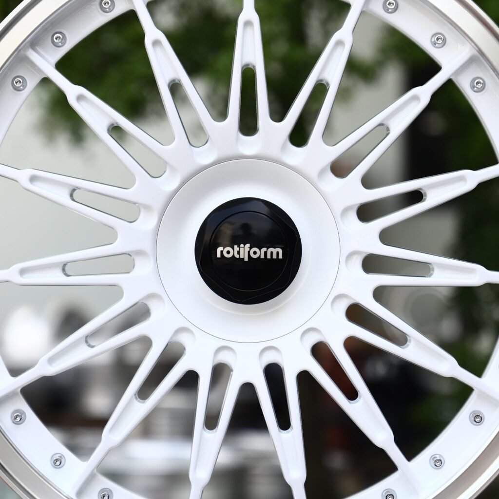 5x112 wheels – Gloss White Multi-Spoke Riveted Polished Lip (Rotiform-Style), side view