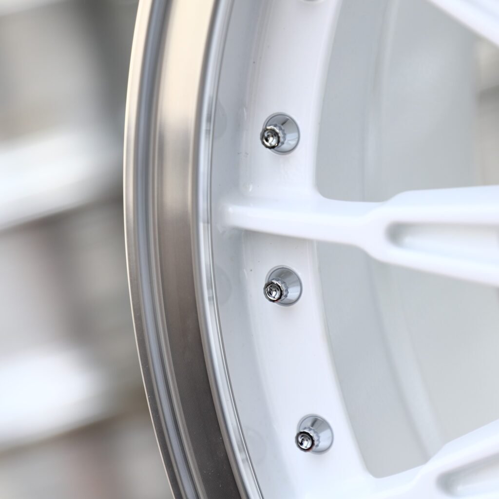 Audi A4 B9 wheels – Gloss White Multi-Spoke Riveted Polished Lip (Rotiform-Style), lip and barrel detail