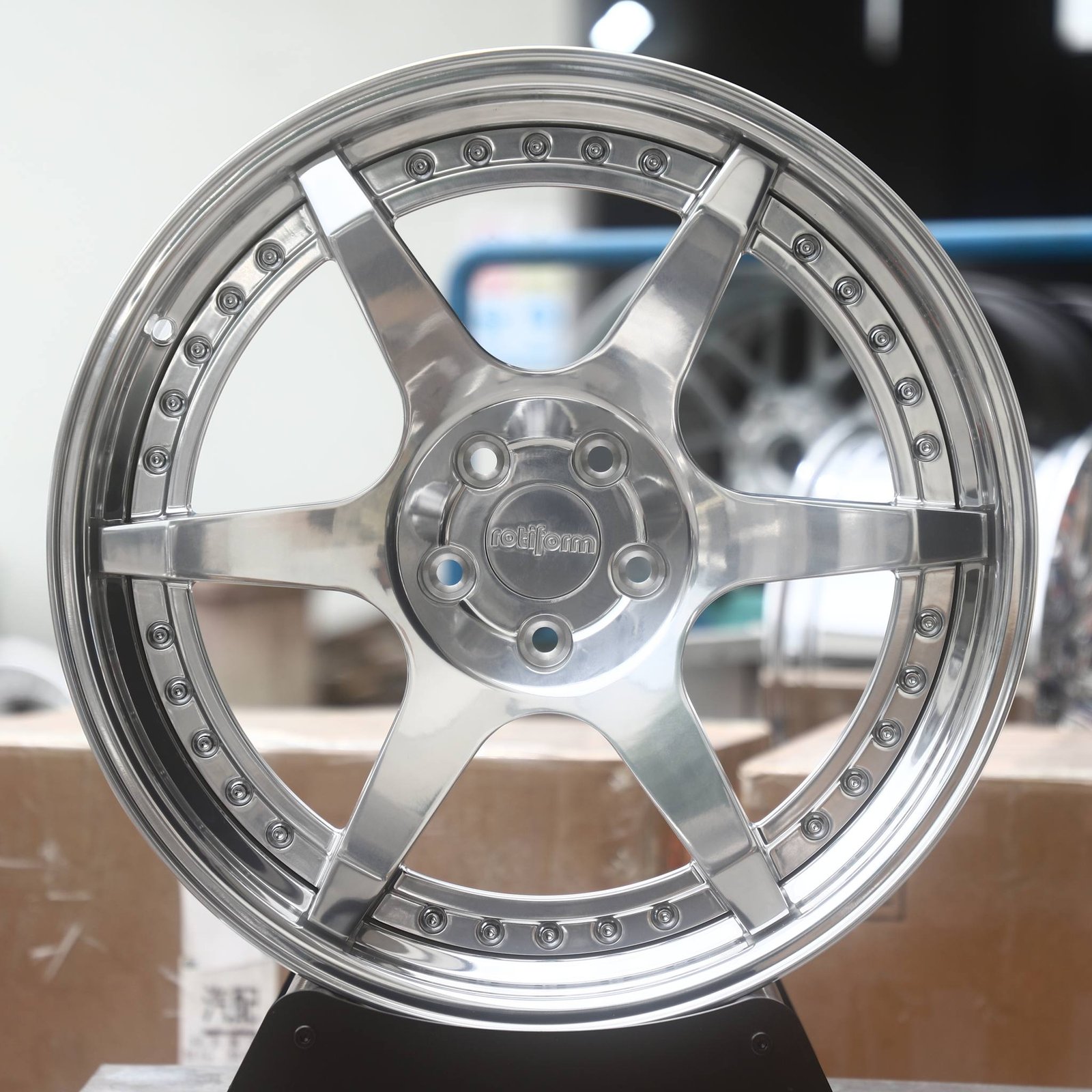Tesla Model 3 wheels – Polished 6-Spoke 2-Piece Riveted Lip (Rotiform-Style), front view