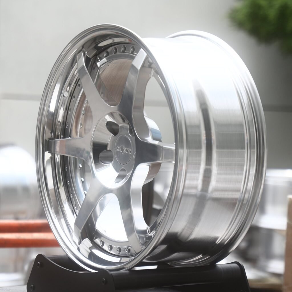 5x114.3 wheels – Polished 6-Spoke 2-Piece Riveted Lip (Rotiform-Style), side view