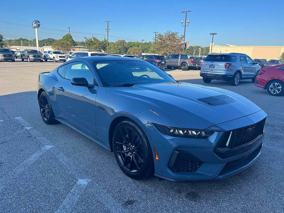 Grey 2024 S650 Ford Mustang GT on factory 19-inch wheels, 5x114.3 bolt pattern