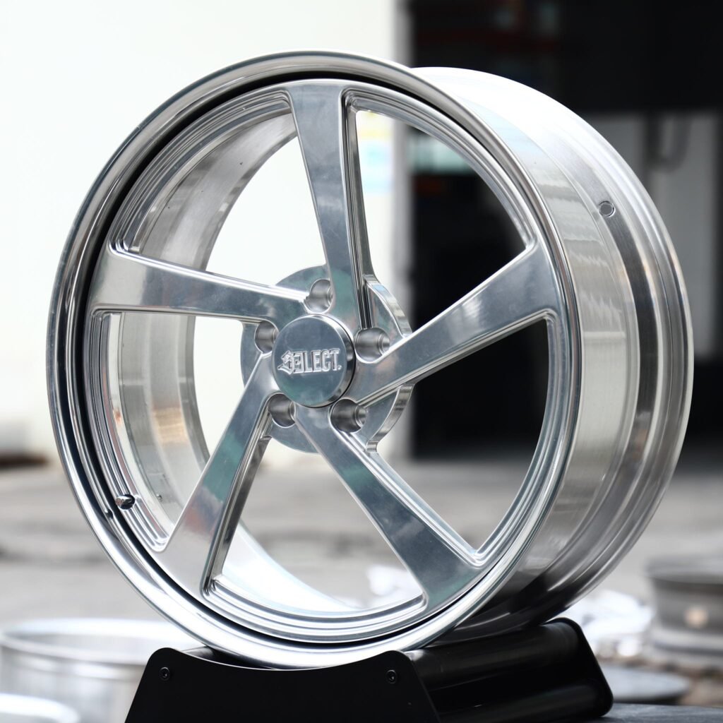 Audi RS5 wheels – Mirror Polished Swept 5-Spoke 2-Piece (Select-Style), angled view