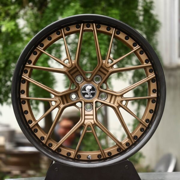 Ford Mustang wheels – 2-Piece Bronze Y-Spoke Mesh Carbon Lip (Shelby-Style), front view