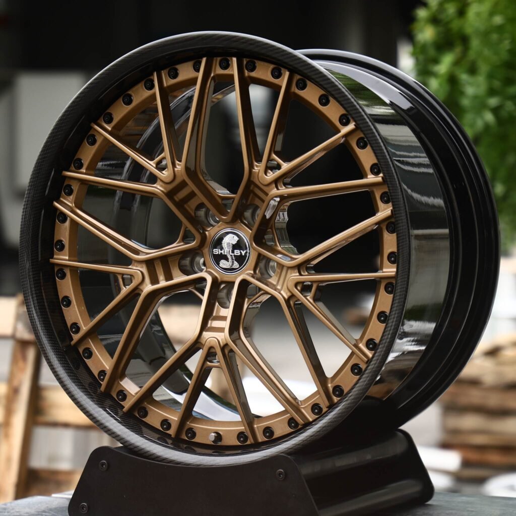 Ford Mustang GT wheels – 2-Piece Bronze Y-Spoke Mesh Carbon Lip (Shelby-Style), angled view