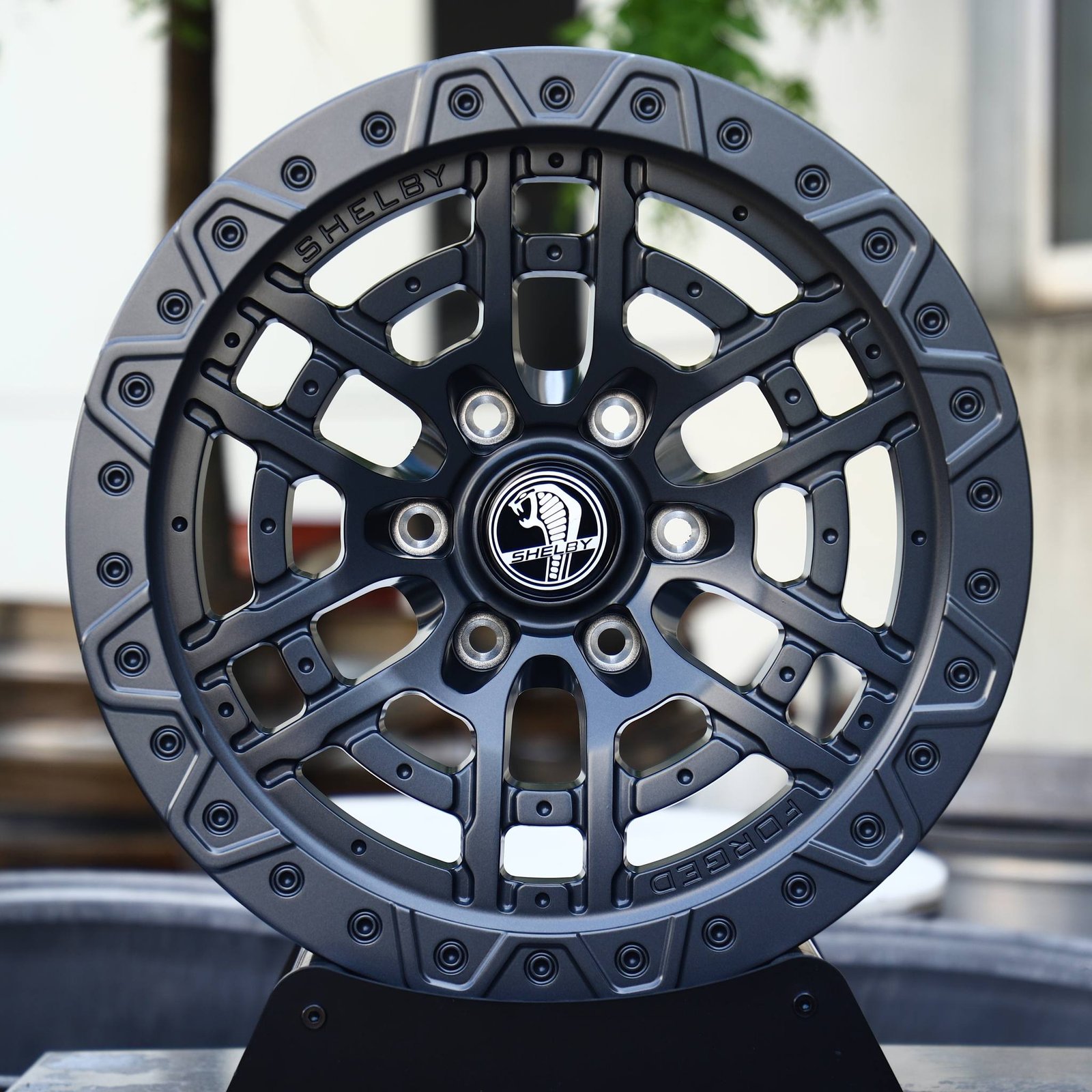 Ford F-150 wheels – Gunmetal / Black Split-Spoke Beadlock (Shelby-Style), front view