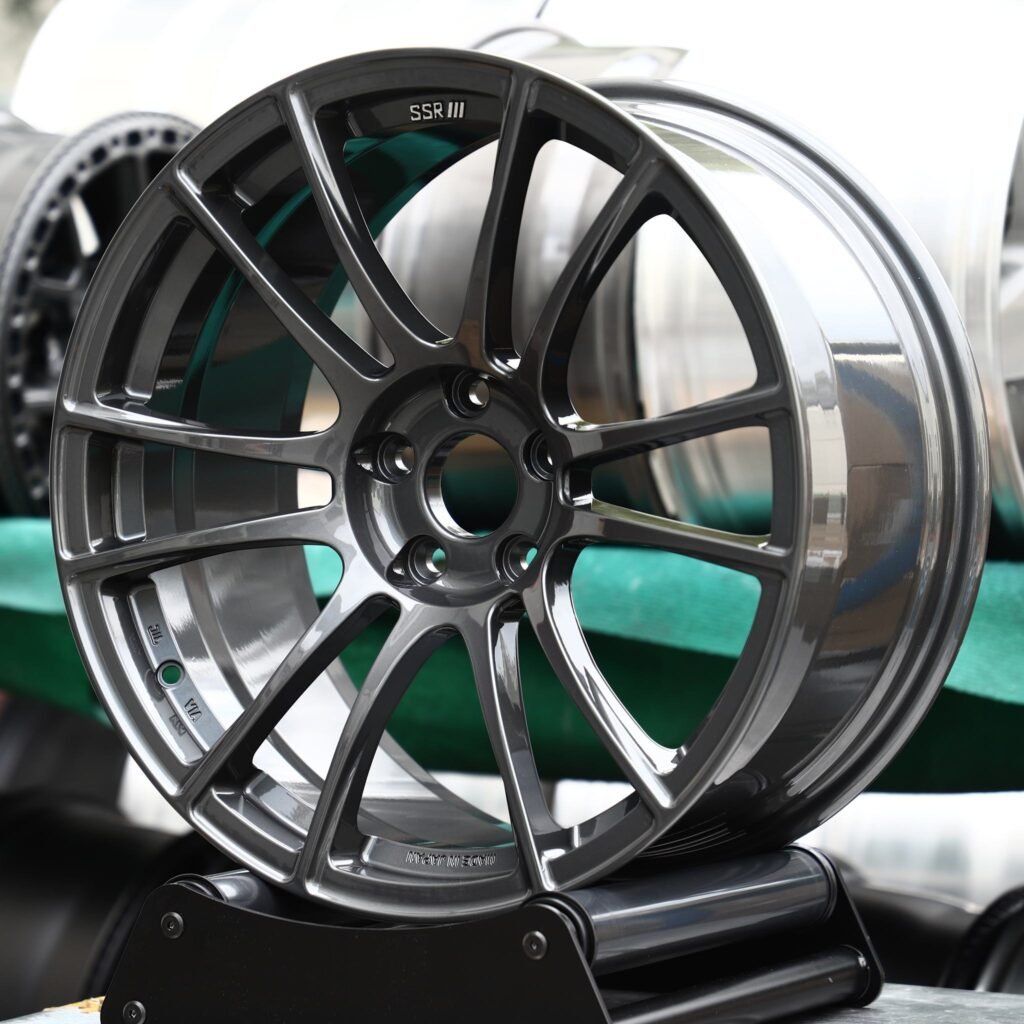 Nissan GT-R wheels – Gunmetal 12-Spoke (SSR-Style), angled view