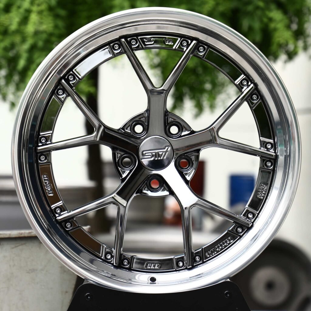 Subaru WRX STI wheels – Black Chrome 5 Y-Spoke 2-Piece Polished Lip (STI-Style), front view