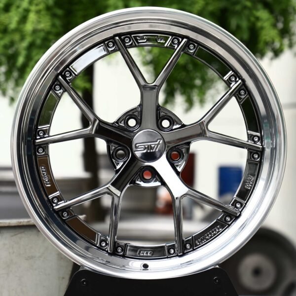 Subaru WRX STI wheels – Black Chrome 5 Y-Spoke 2-Piece Polished Lip (STI-Style), front view