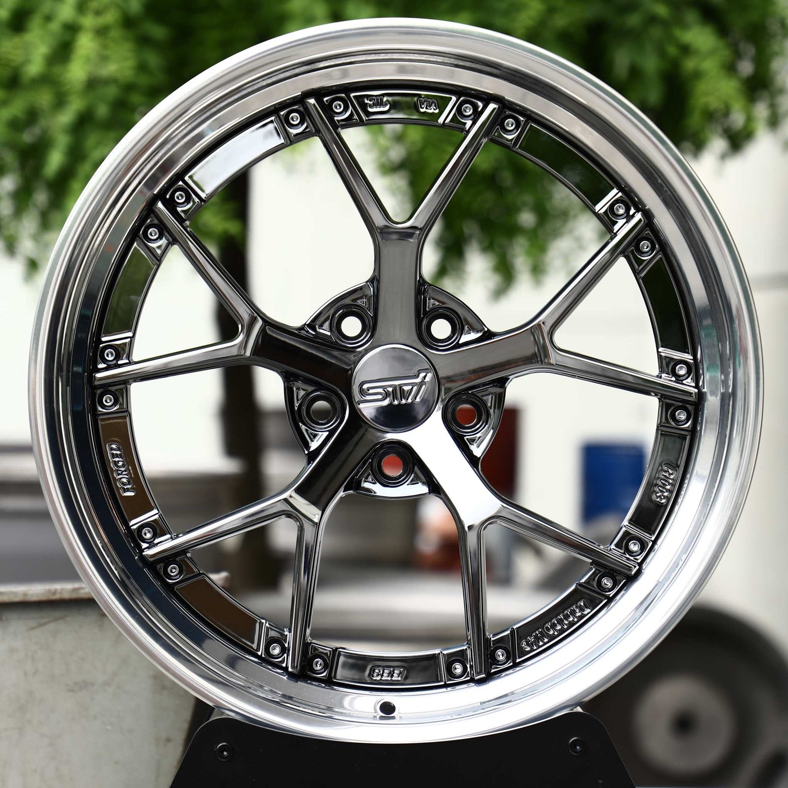 Subaru WRX STI wheels – Black Chrome 5 Y-Spoke 2-Piece Polished Lip (STI-Style), front view