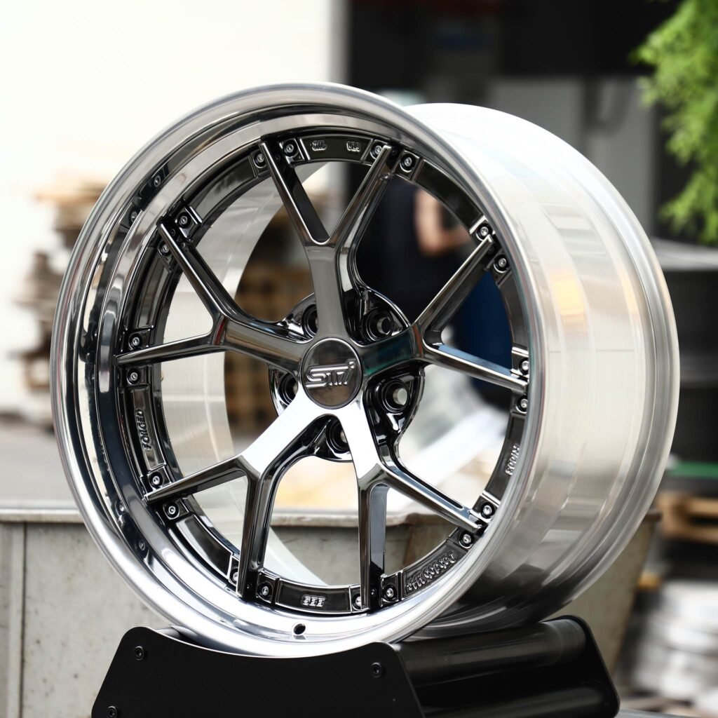 Subaru WRX wheels – Black Chrome 5 Y-Spoke 2-Piece Polished Lip (STI-Style), angled view