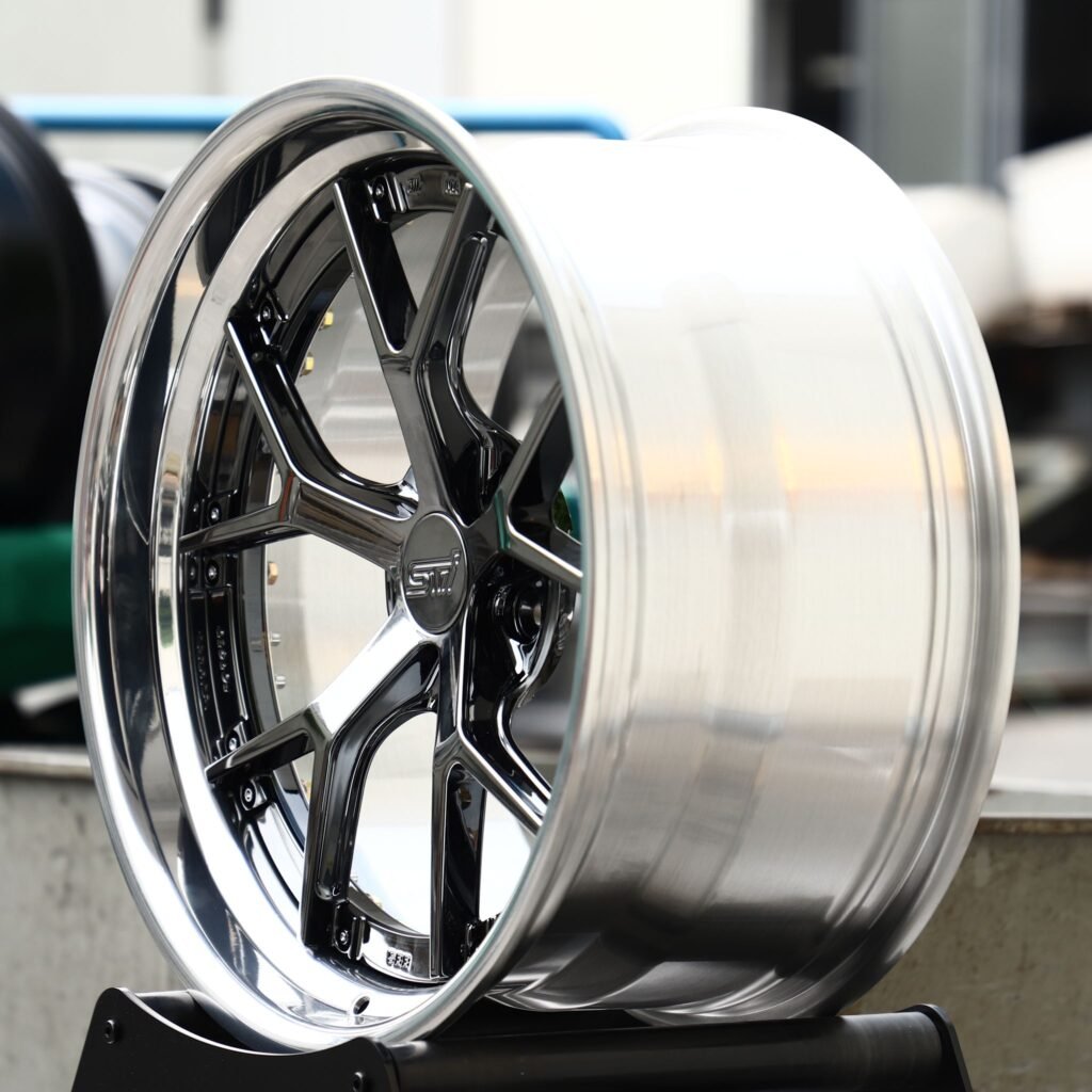 5x114.3 wheels – Black Chrome 5 Y-Spoke 2-Piece Polished Lip (STI-Style), side view