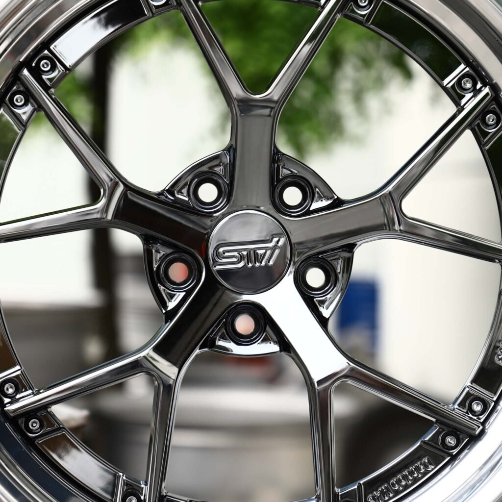 Subaru WRX STI wheels – Black Chrome 5 Y-Spoke 2-Piece Polished Lip (STI-Style), lip and barrel detail