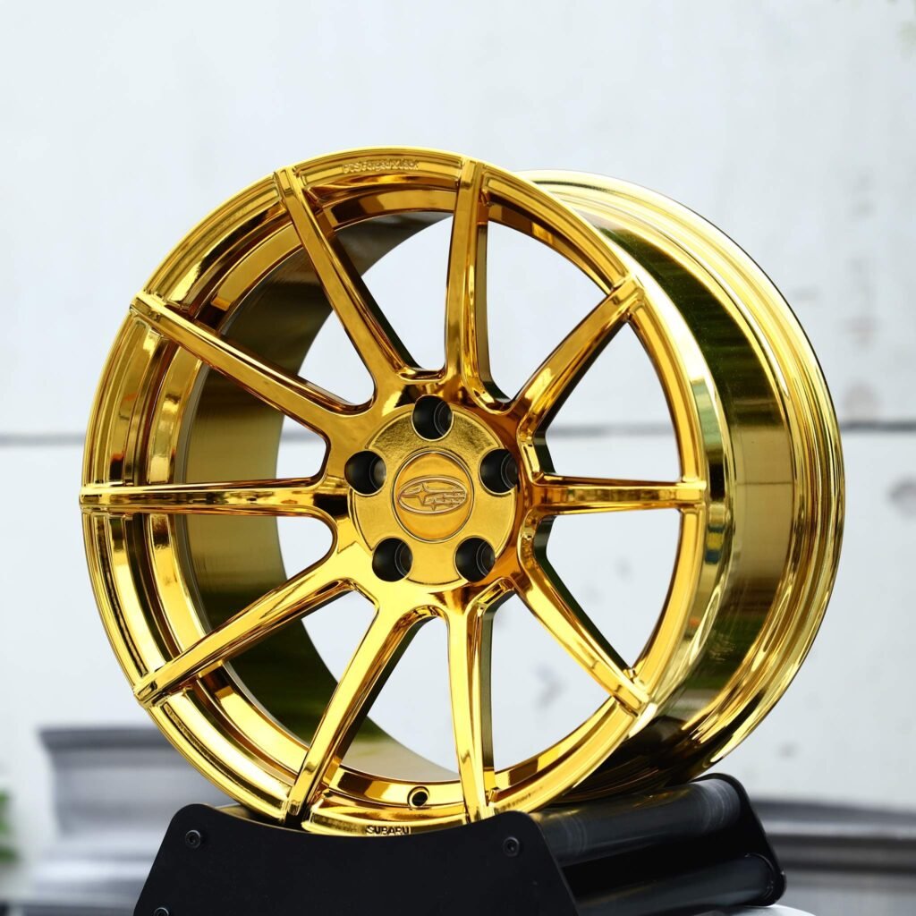 Subaru WRX wheels – Gold Chrome 10-Spoke (Subaru OEM-Style), front view
