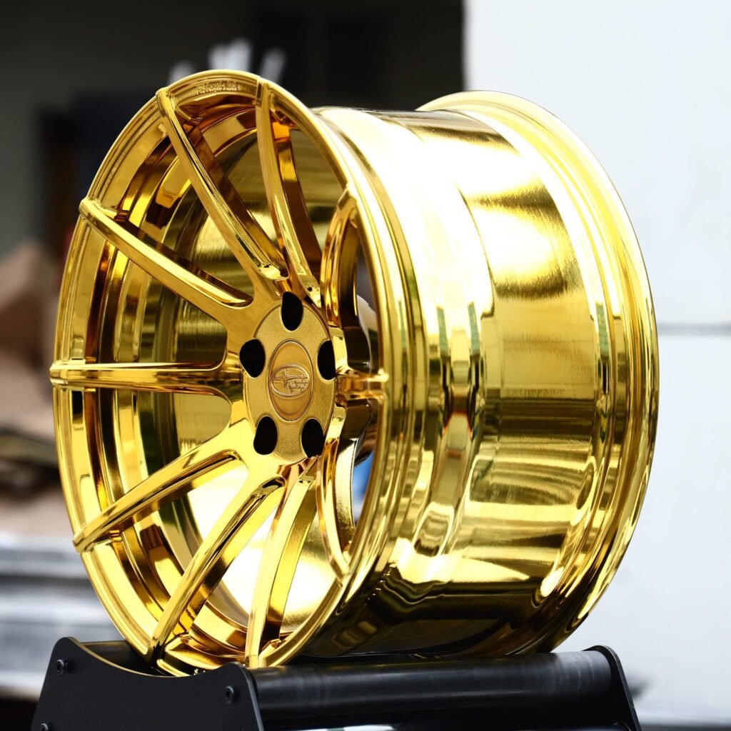 Subaru BRZ wheels – Gold Chrome 10-Spoke (Subaru OEM-Style), angled view