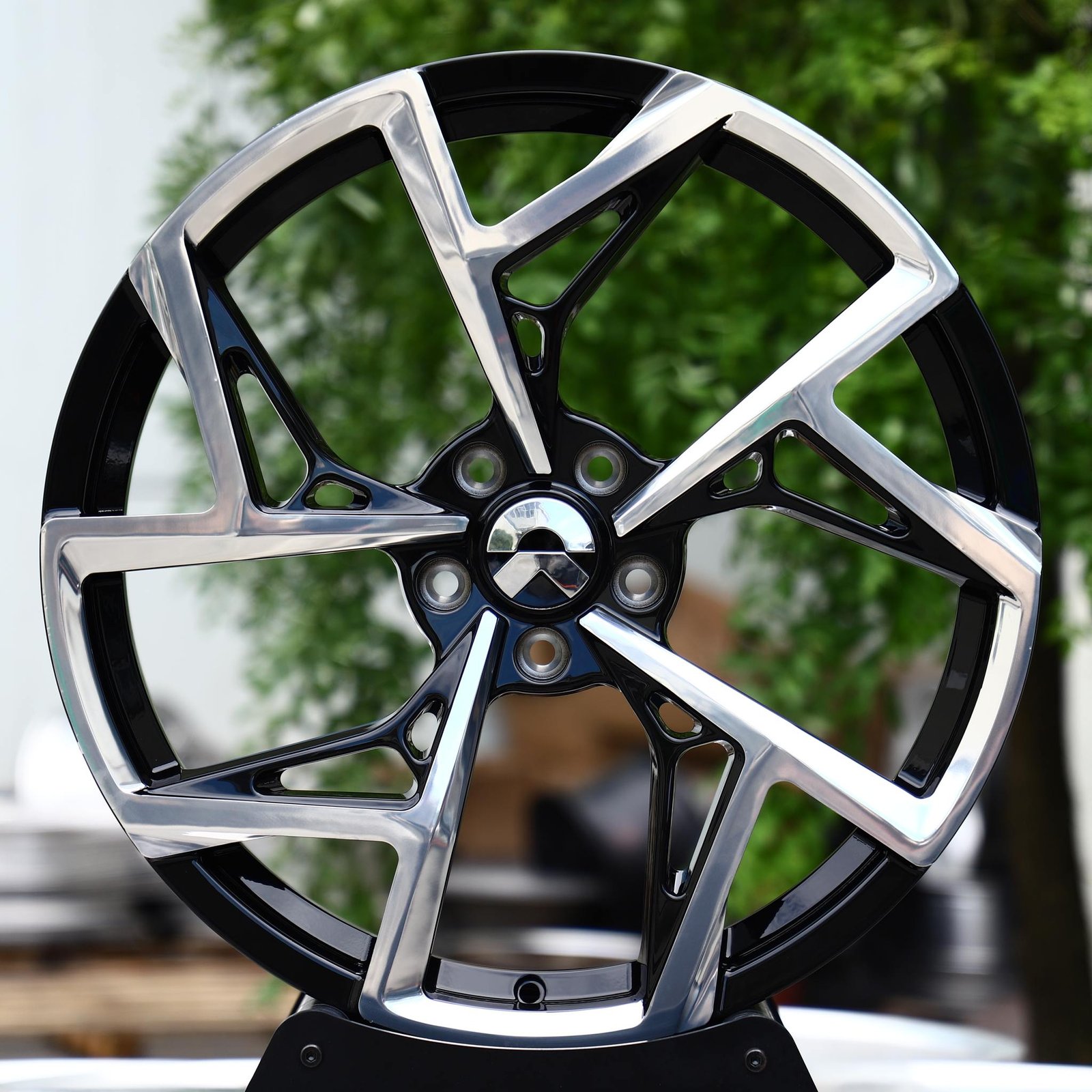 Subaru WRX wheels – Gloss Black Machined 5-Blade Directional, front view