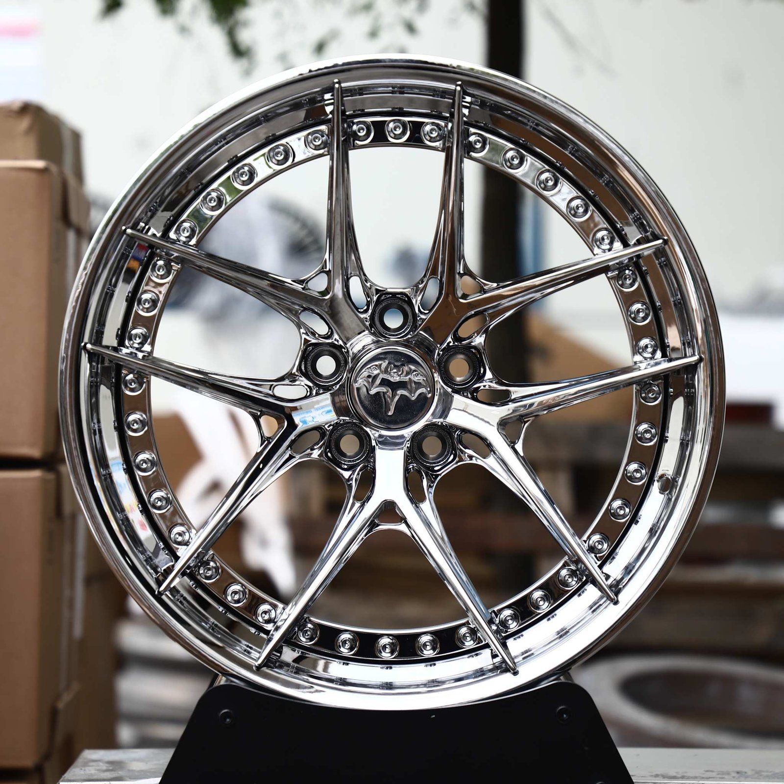 Tesla Model 3 wheels – Chrome 10 Y-Spoke 2-Piece Riveted, front view