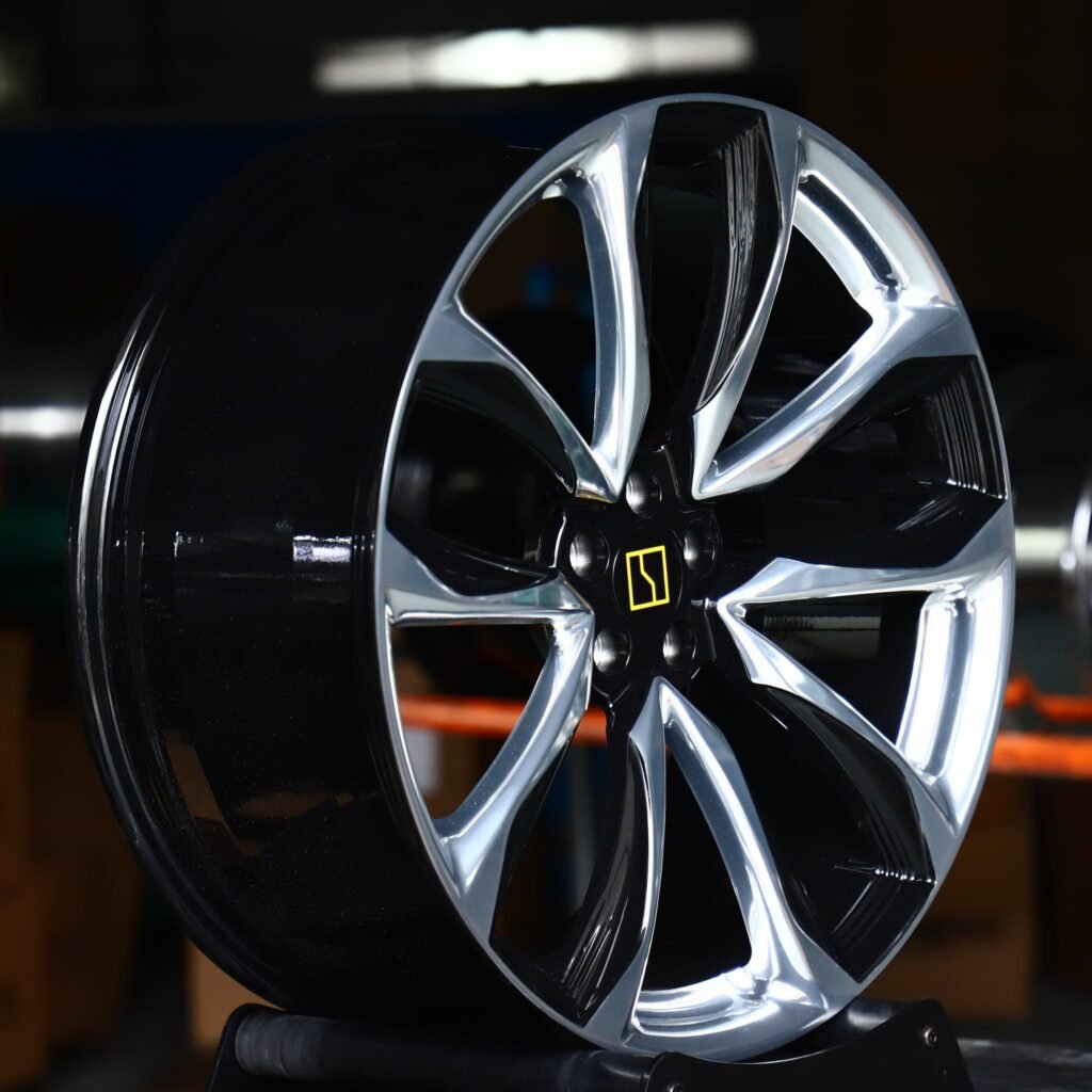 5x114.3 wheels – Gloss Black Polished Split 5-Spoke, side view