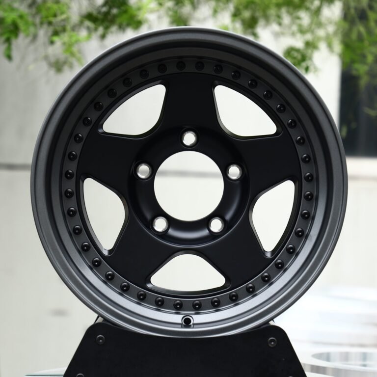 Tesla Model 3 wheels – 2-Piece Satin Black 5-Spoke Riveted Gunmetal Lip, front view