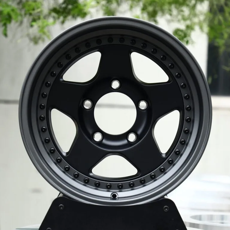Tesla Model 3 wheels – 2-Piece Satin Black 5-Spoke Riveted Gunmetal Lip, front view